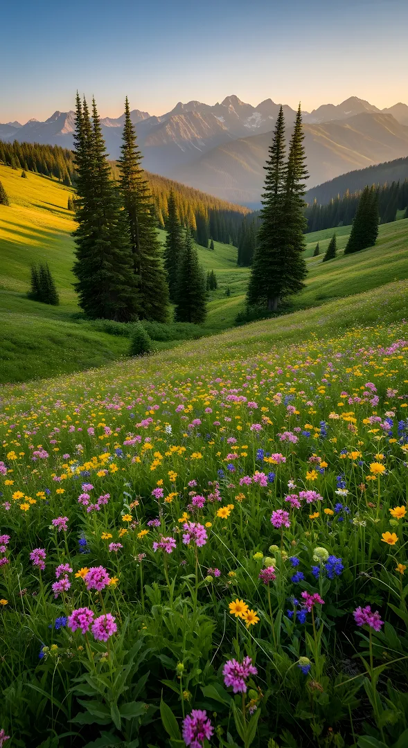 Vibrant Alpine Meadow Wildflowers Sunset Mountains