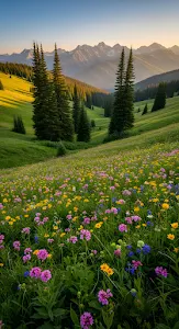 Vibrant Alpine Meadow Wildflowers Sunset Mountains