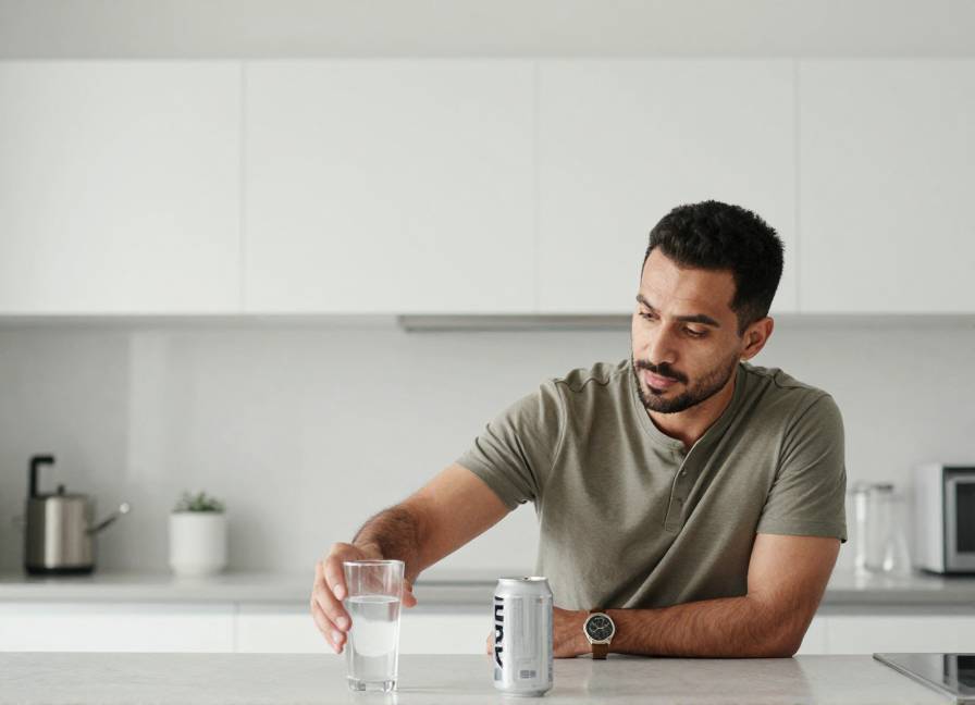 رجل عربي يختار الماء بدلاً من مشروب غازي خالٍ من السكر
