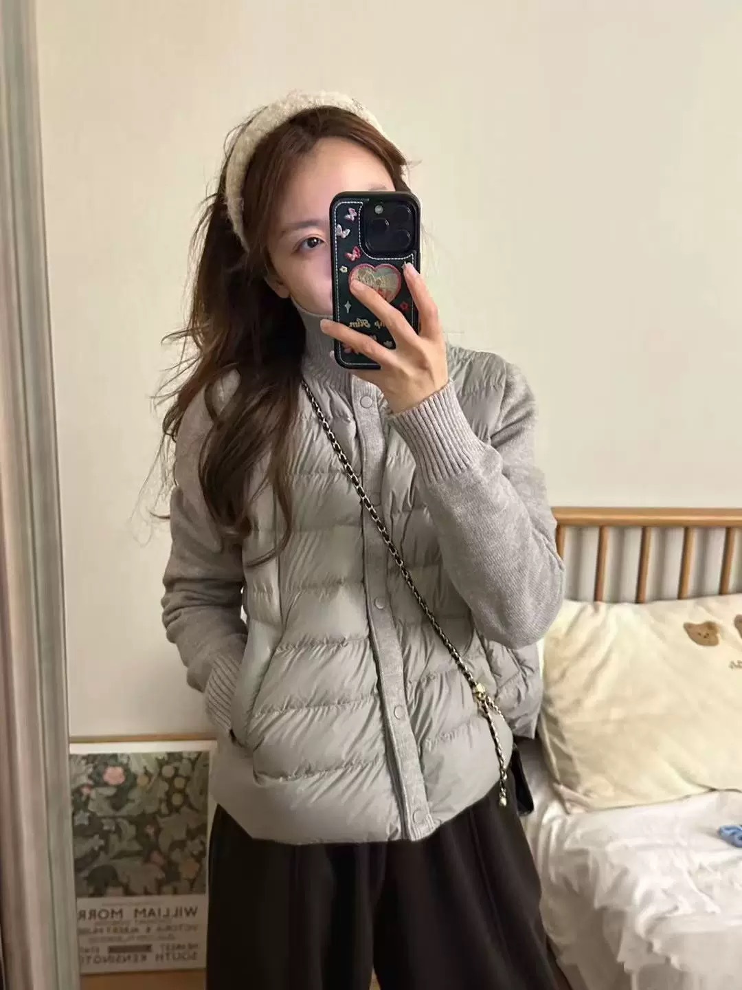 Short Women's Down Jacket with Knit Sleeves