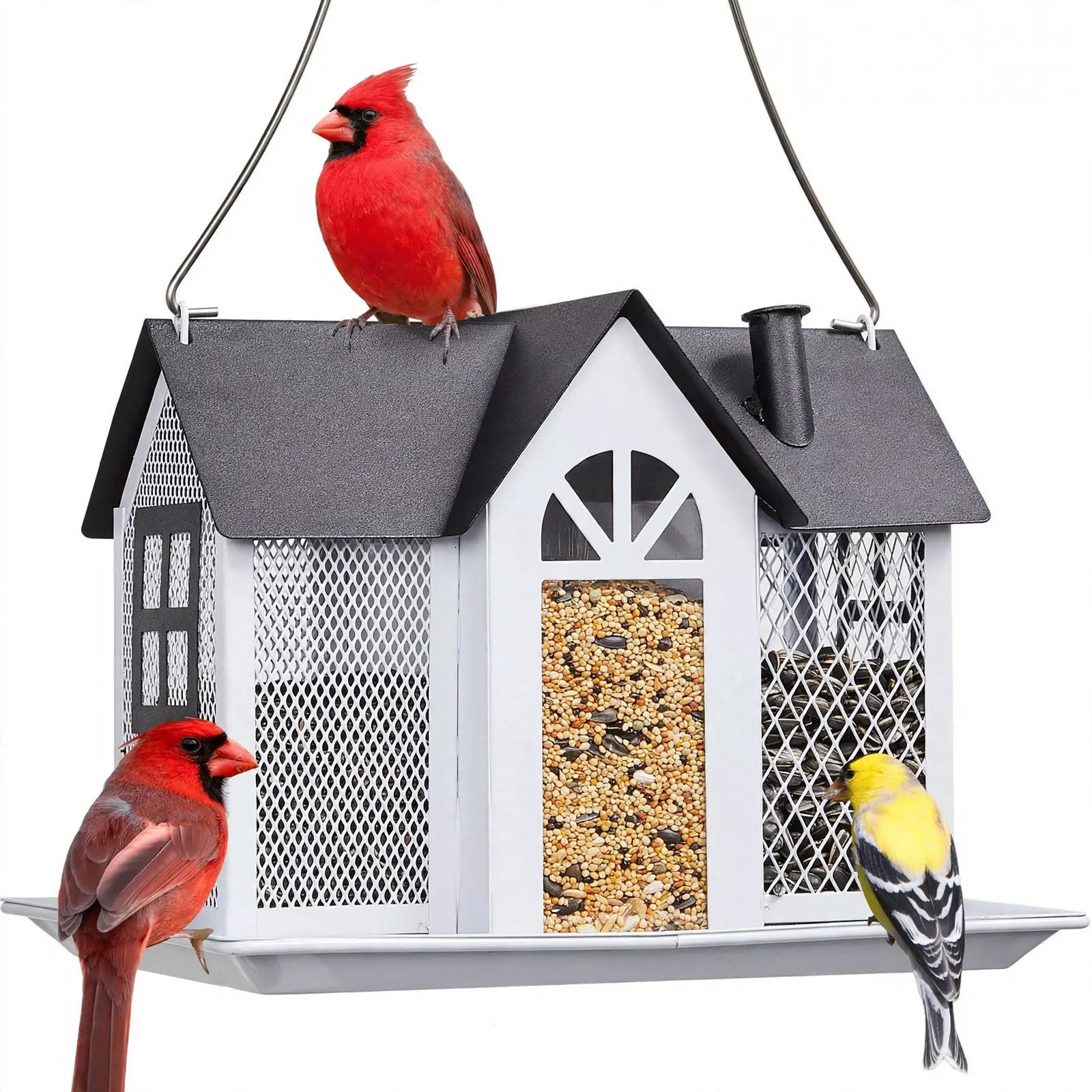 Metal birdhouse for feeding in the garden