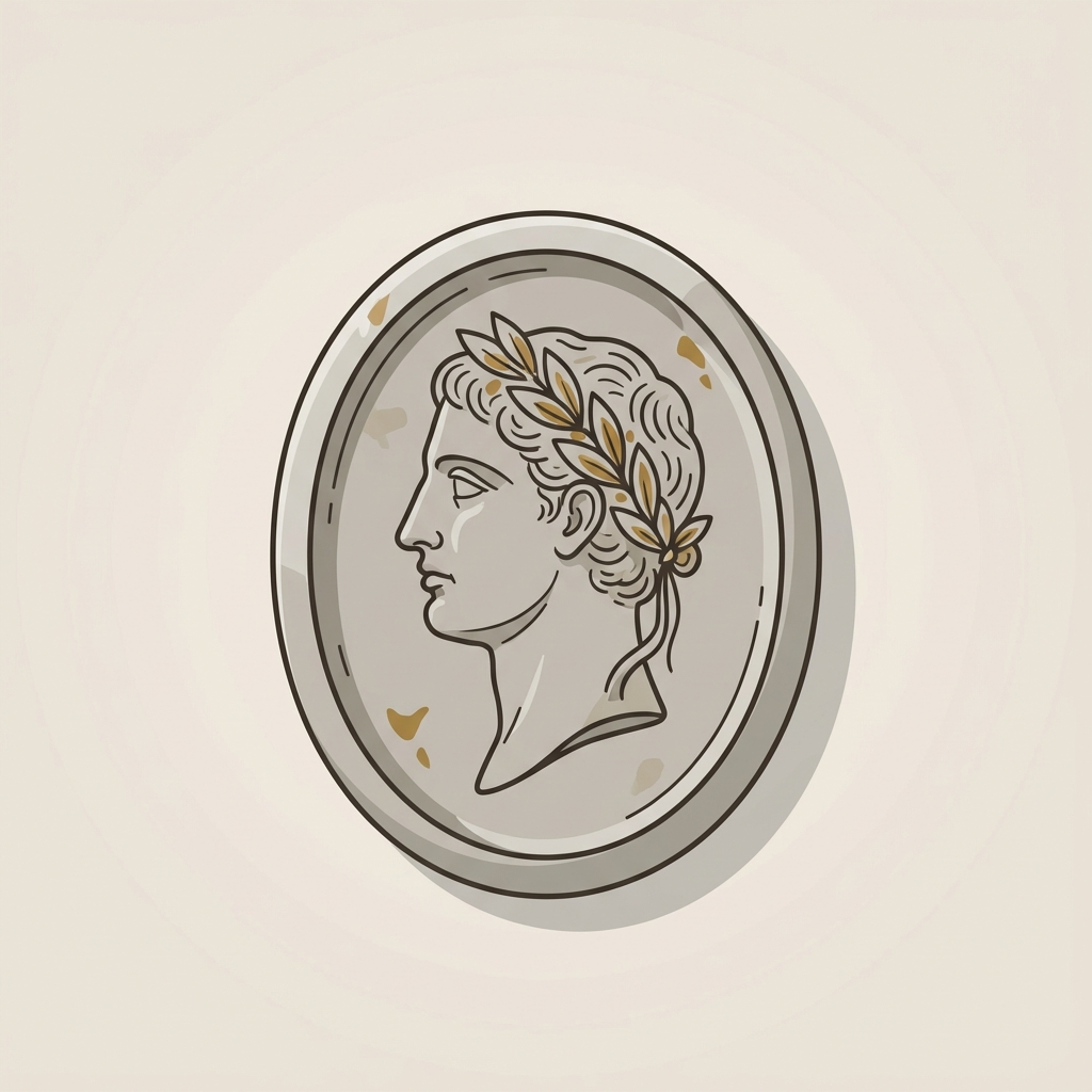 Minimalist 2D vector close up of a Roman silver intaglio bezel showing engraved motif and preserved patina on an ede7da background, ancient coin ring