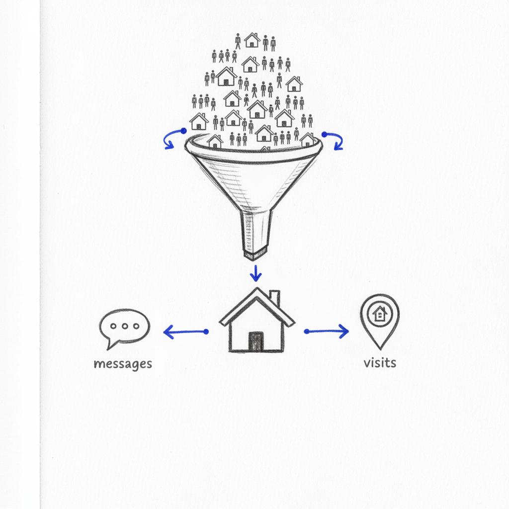 Notebook-style sketch of a local marketing funnel with a house icon, neighbor cluster, speech bubble and location pin, illustrating how realtors advertise on Nextdoor