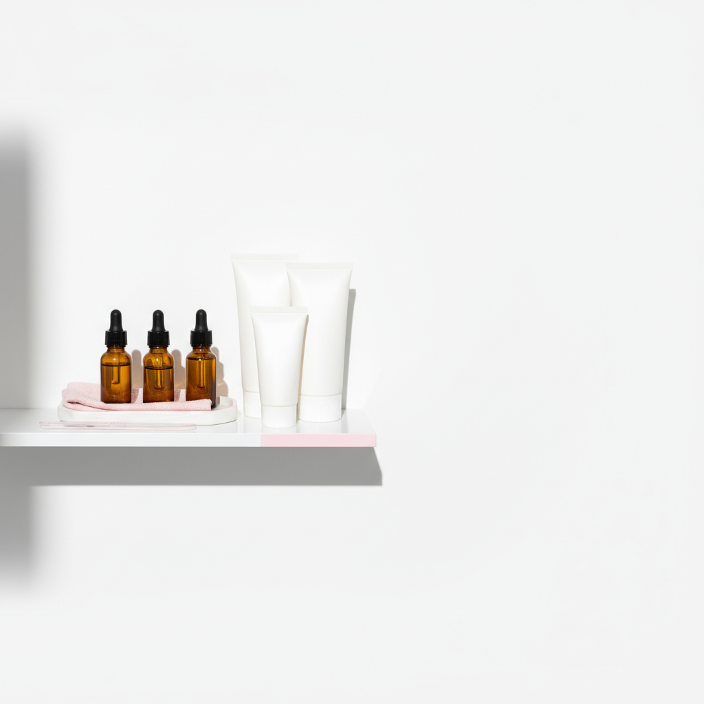 Minimalistisches Badezimmer-Regal mit geordneten Pflegeprodukten (Ölfläschchen, Cremetuben, Glasfeile) vor weißem Hintergrund – Pflege für Fingernägel.