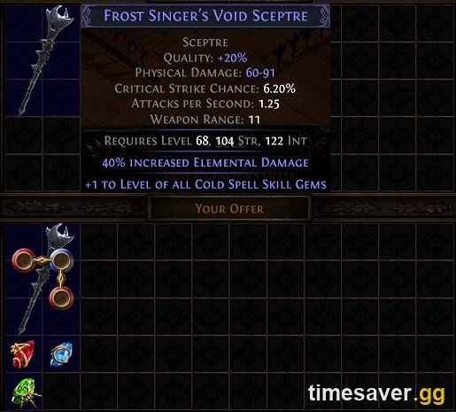 PoE vendor window with a 20% quality sceptre in the offer — the single-item Whetstone recipe