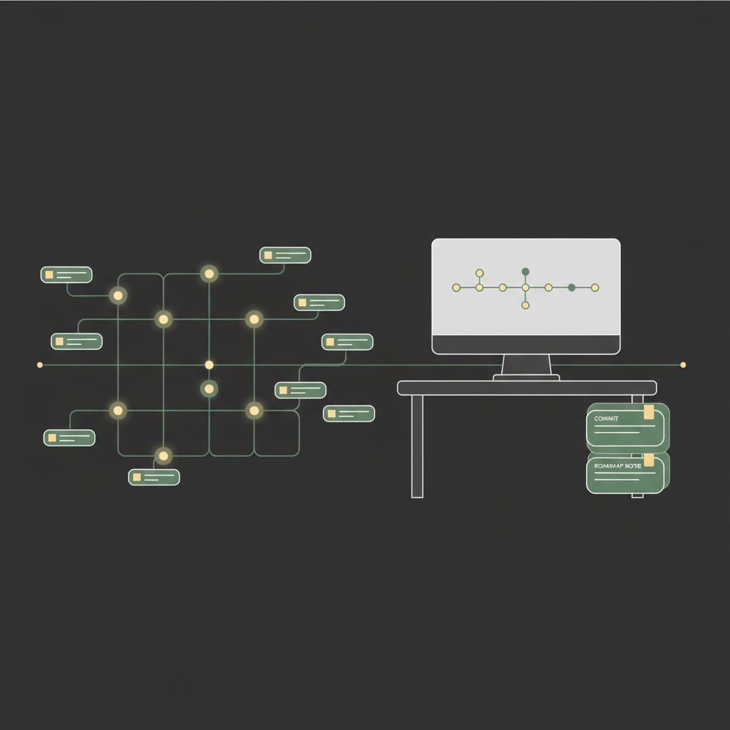 Minimalist split vector illustration of a blockchain with active addresses and a developer workspace with commits and roadmap notes best cryptocurrency to invest today