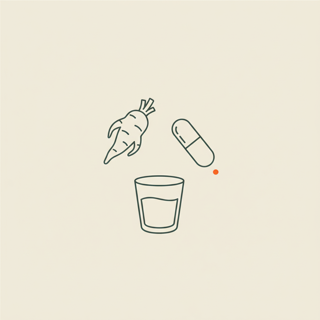 Minimal Tonum-style line illustration of konjac root, capsule, and water glass forming a triangle on beige background for glucomannan weight loss.