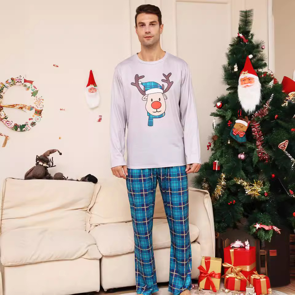 Christmas Pajama Set for Families, plaid with reindeer motif