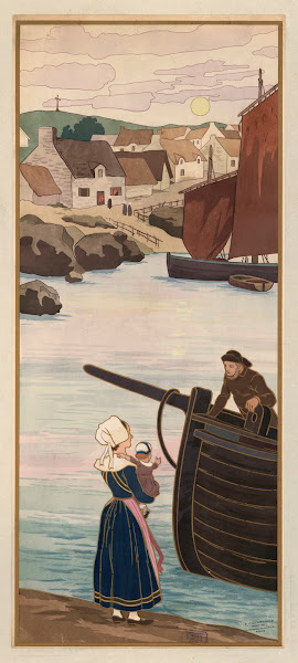 Paysage breton  bateaux et pêcheur 1901
