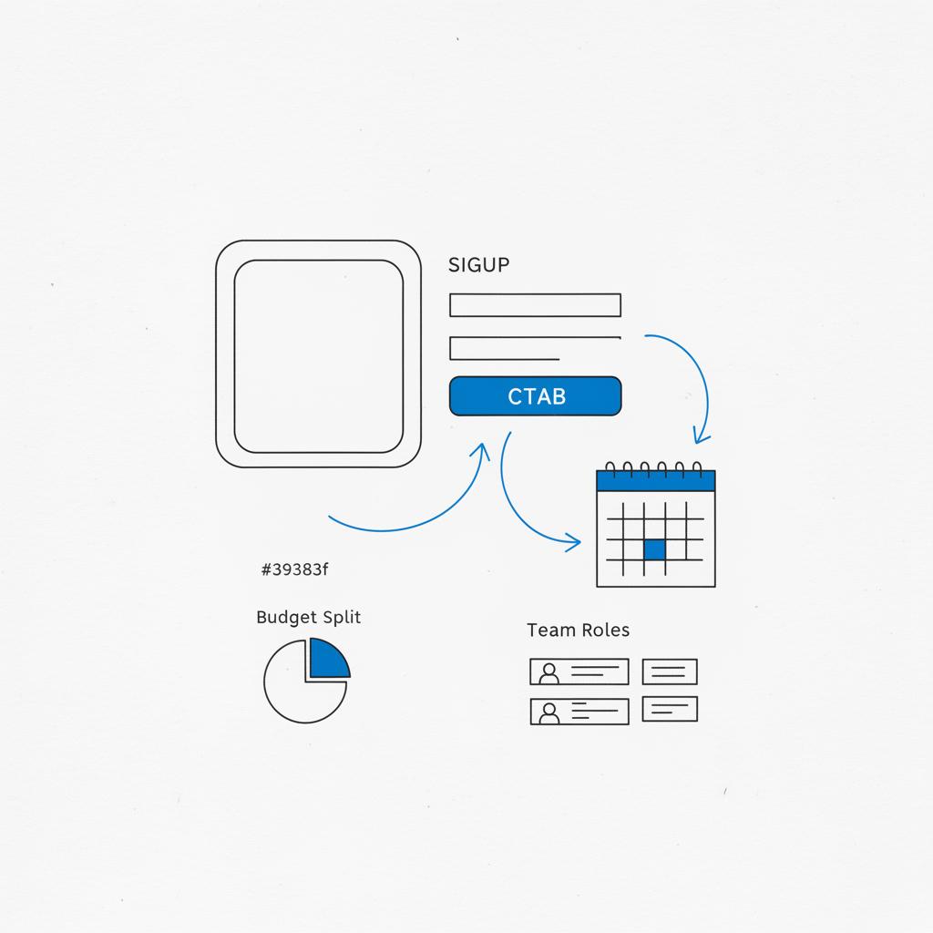 Minimal 2D vector notebook sketch of a landing page layout showing hero image placeholder, short signup form, and booking calendar thumbnail for PPC planning