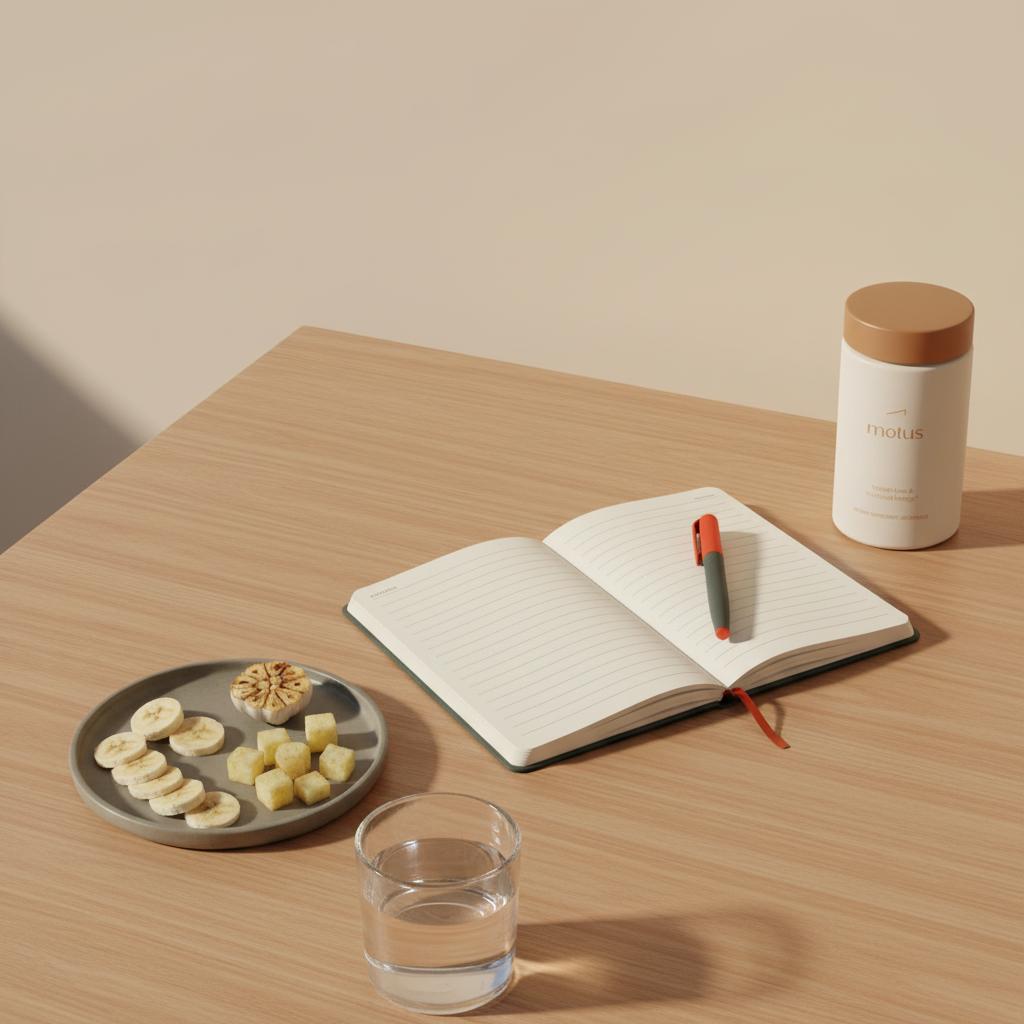 Minimalist tabletop with symptom log, pen, plate of prebiotic foods and Tonum Motus container illustrating signs of an unhealthy gut.