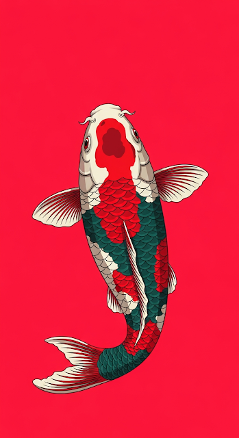 Graphic Japanese Koi Fish Illustration on Vivid Red Background - Free mobile Wallpaper