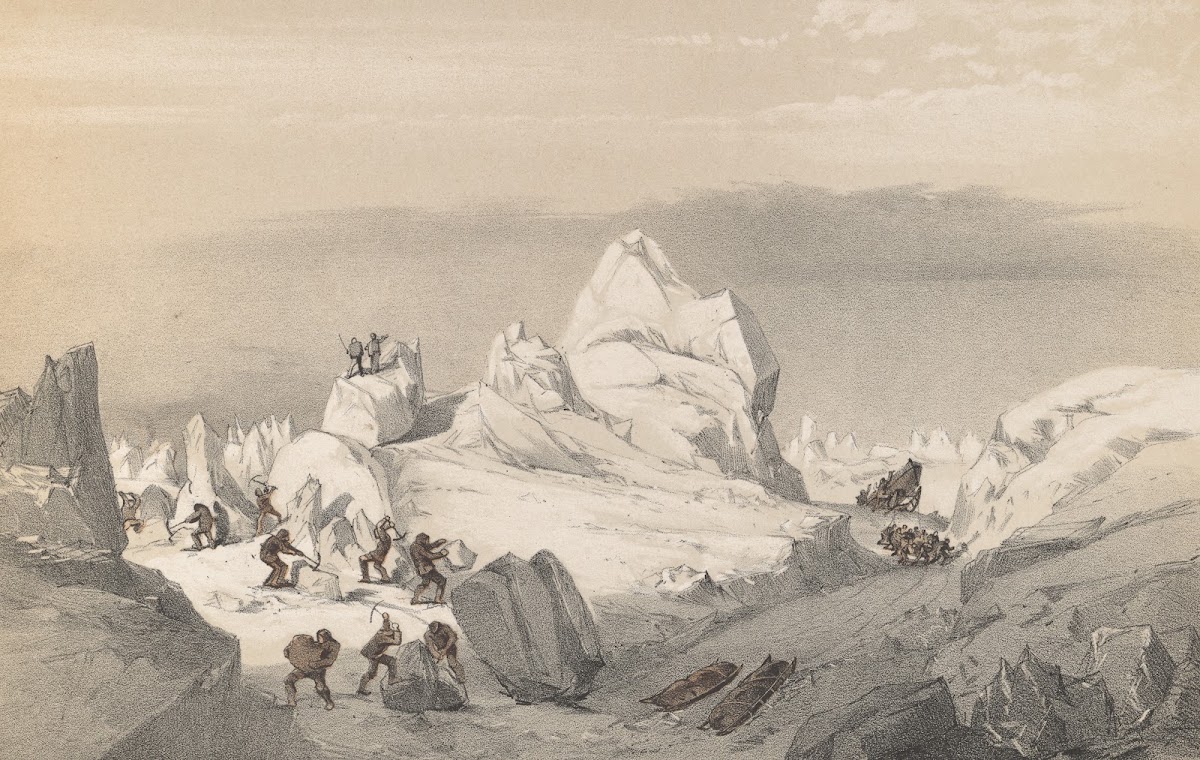 Division of Sledges finding and cutting a road through heavy hummocks in the Que