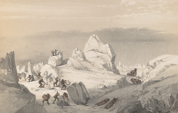 Division of Sledges finding and cutting a road through heavy hummocks in the Que