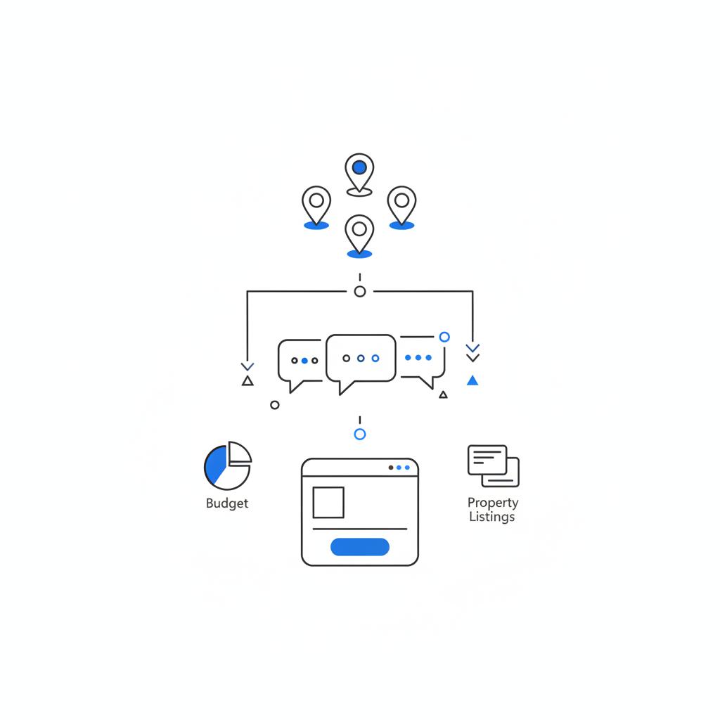 Minimal 2D vector schematic funnel for a local real estate ad showing pin icons, chat bubbles, and a landing-page mockup connected by arrows &mdash; twitter for real estate