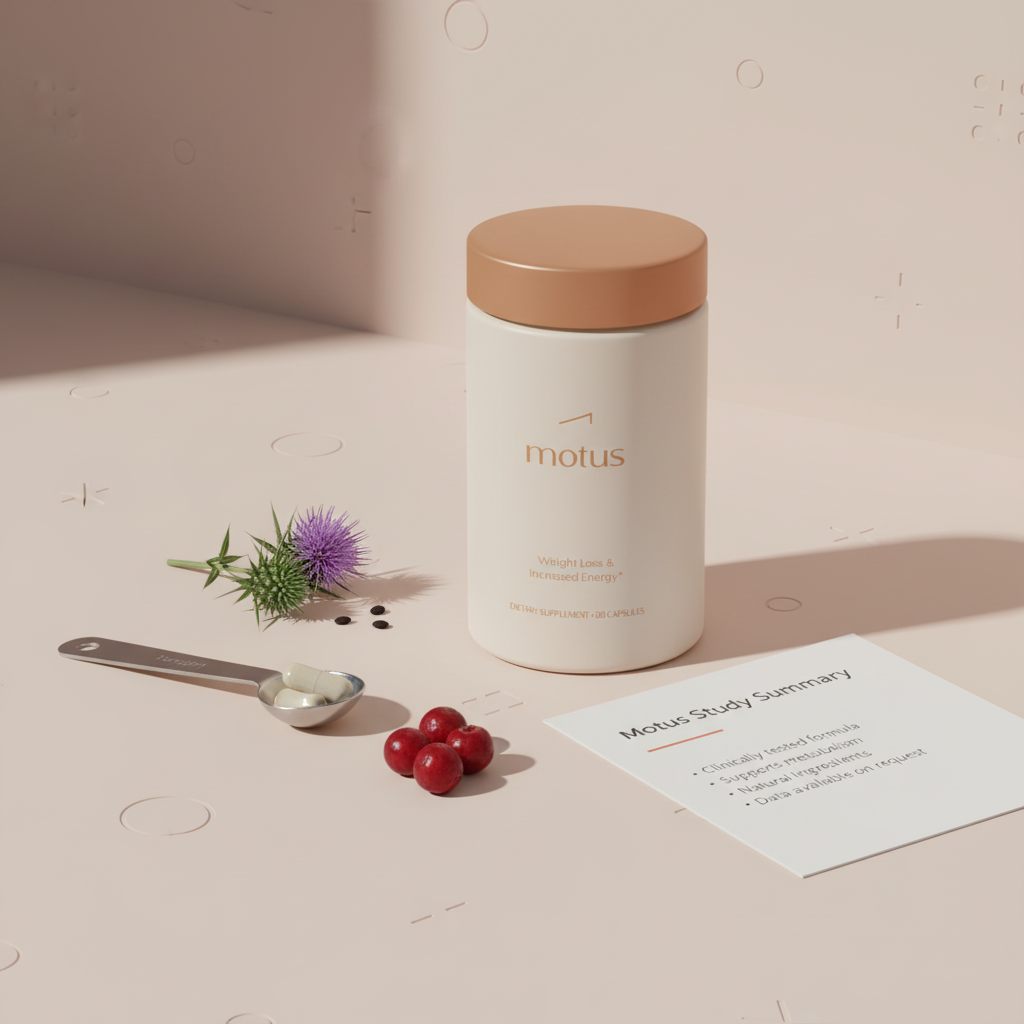 Close minimalist product photo of Motus supplement jar with measuring spoon, milk thistle and berries on a #F2E5D5 surface and a printed Motus Study Summary — best fat burning pills
