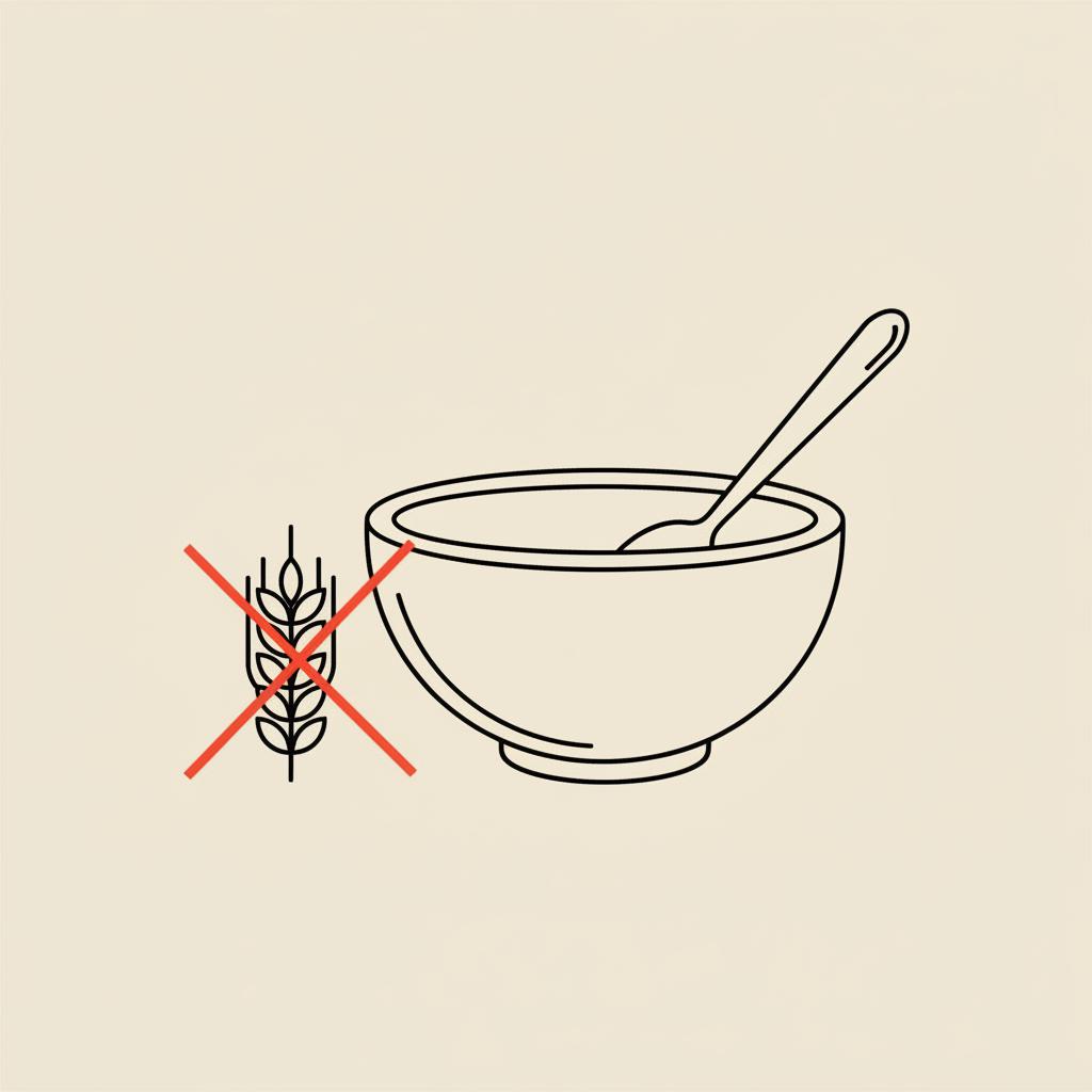 Minimal vector line illustration of a bowl, spoon, and crossed wheat kernel on beige background to represent flush gluten out of your system