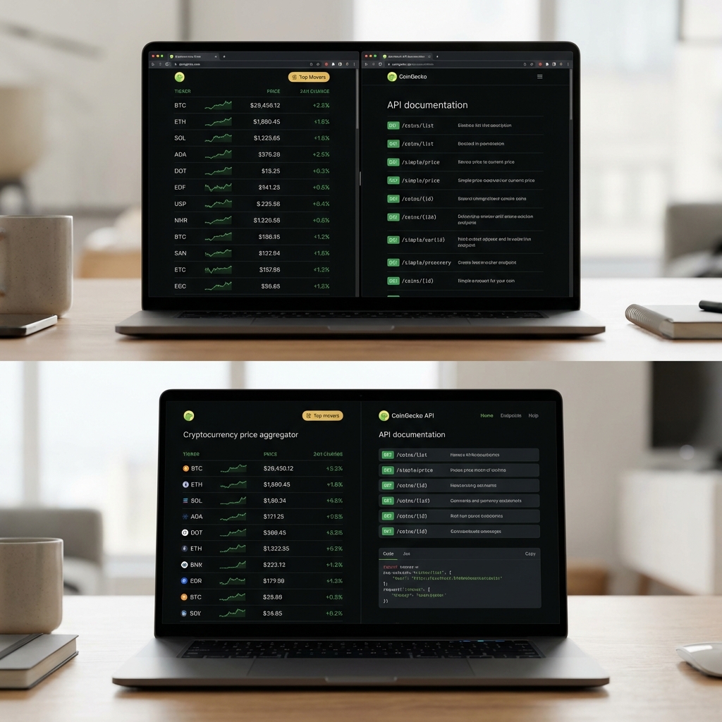 Close up laptop screen showing a price aggregator and CoinGecko API documentation displaying crypto stock price data in dark Finance Police minimalist style