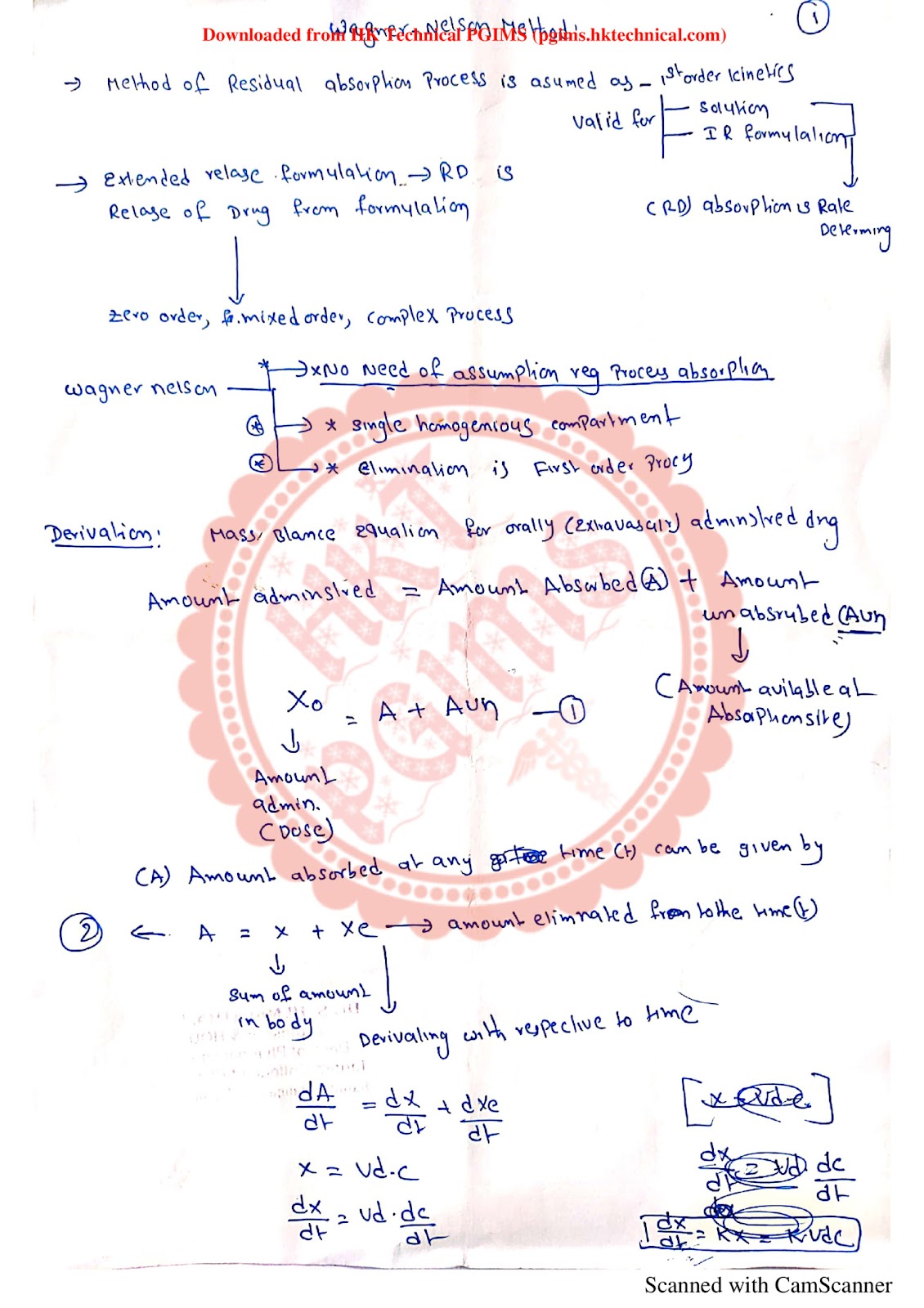 One compartment Wagner Nelson 6th Semester B.Pharmacy Lecture Notes,BP604T Biopharmaceutics and Pharmacokinetics,BPharmacy,Handwritten Notes,BPharm 6th Semester,Important Exam Notes,Biopharmaceutics and Pharmacokinetics,