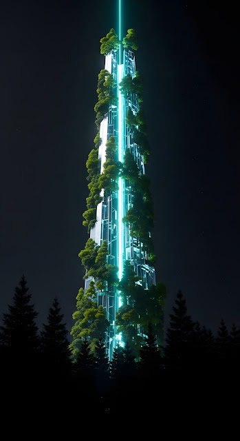 Vertical Forest Skyscraper with Teal Light in a Dark Pine Forest - Free mobile Wallpaper