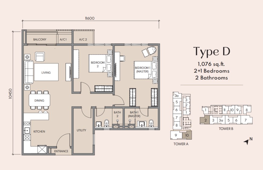 Luminar Residence (Federal Avenue) Type D floor plan — 1221 sq ft, 3 bedrooms