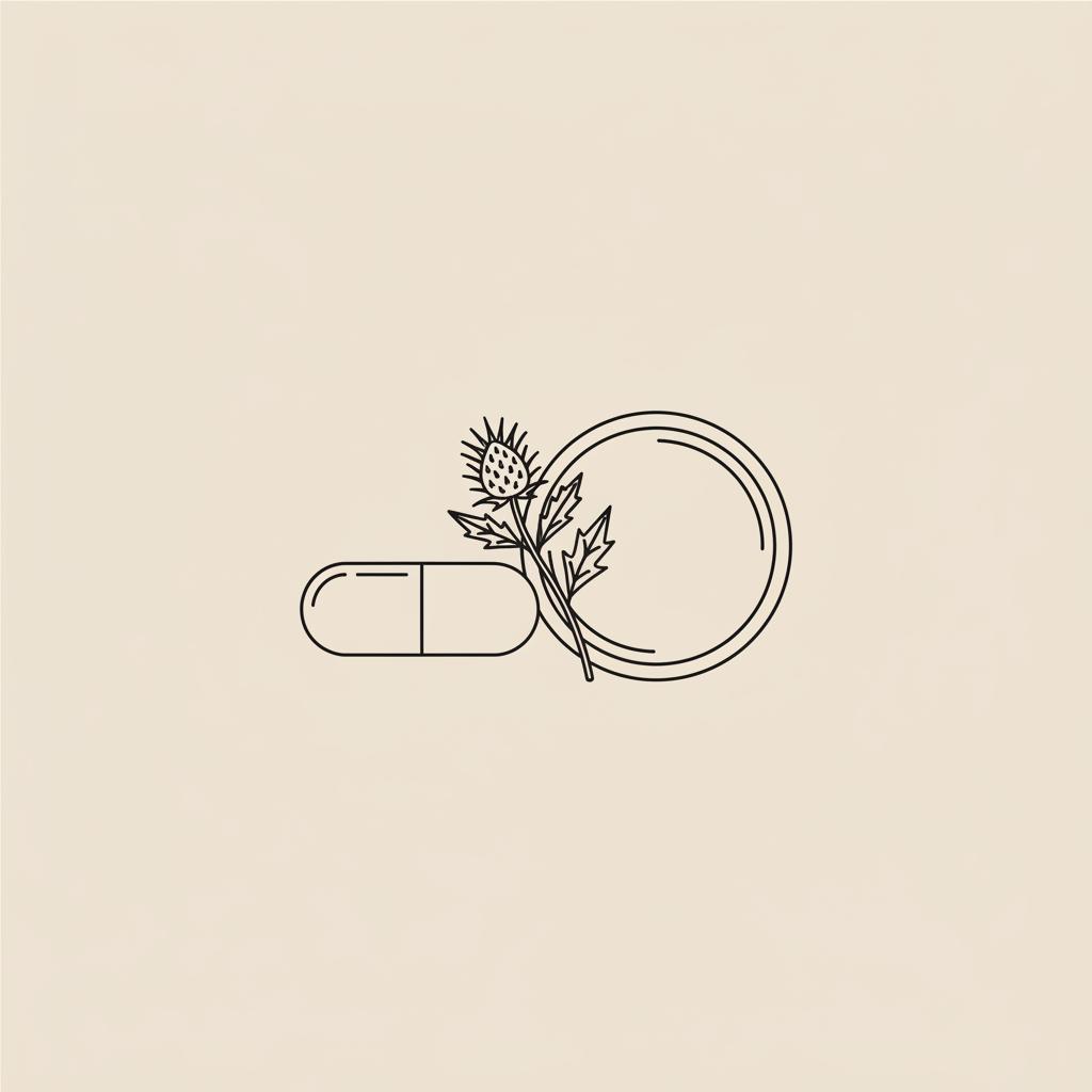 Minimalist line illustration of a capsule beside a small plate and milk thistle sprig on a flat beige background, symbolizing pre-workout fat loss.