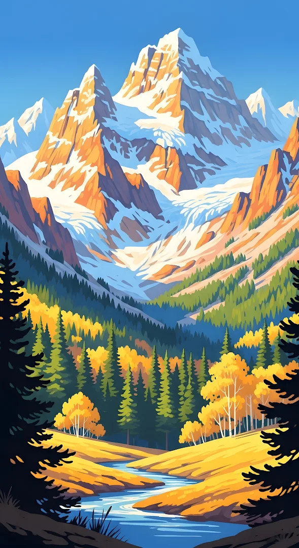 Stylized Alpine Valley with Autumn Forests and River