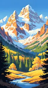 Stylized Alpine Valley with Autumn Forests and River