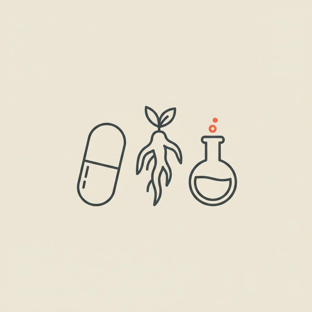 Minimal line illustration of a capsule, berberine root and laboratory flask on beige background, comparing berberine vs Ozempic in an evidence-first style