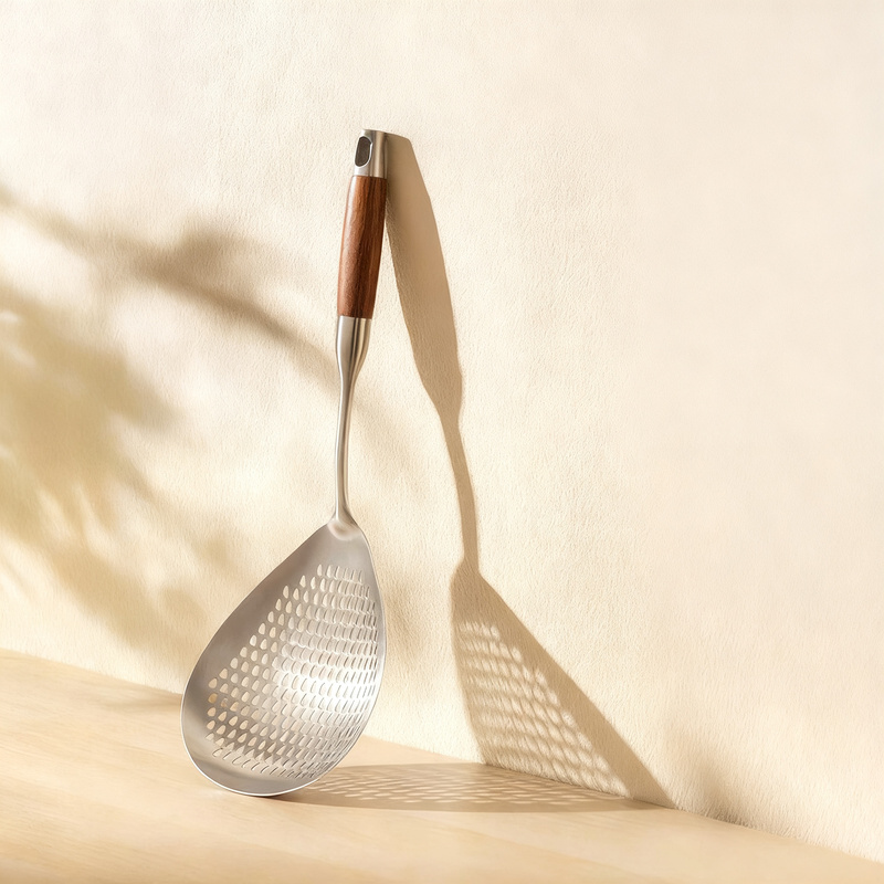 Stainless Steel Slotted Spoon with Wooden Handle, Large Size