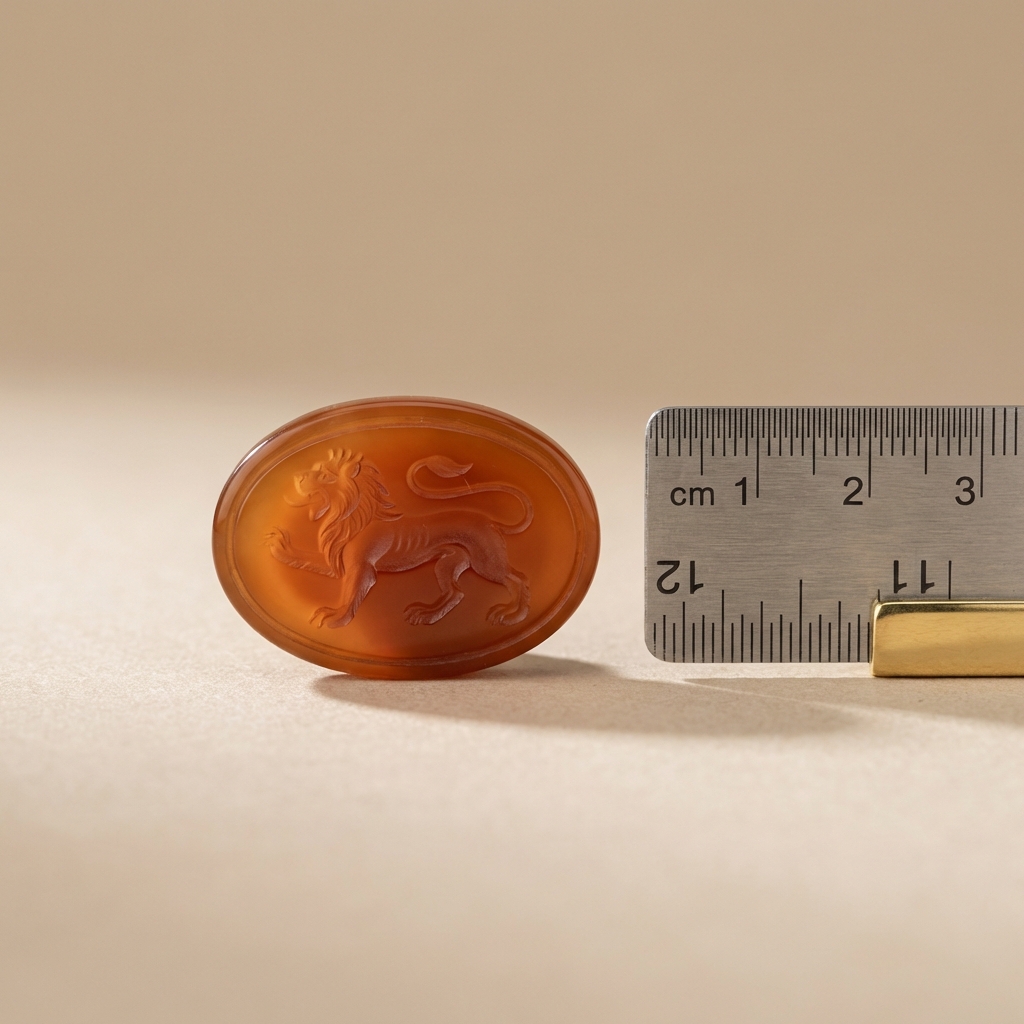 Full frame macro photo of a carved carnelian intaglio with deity motif and scale ruler on a beige background, ancient roman rings