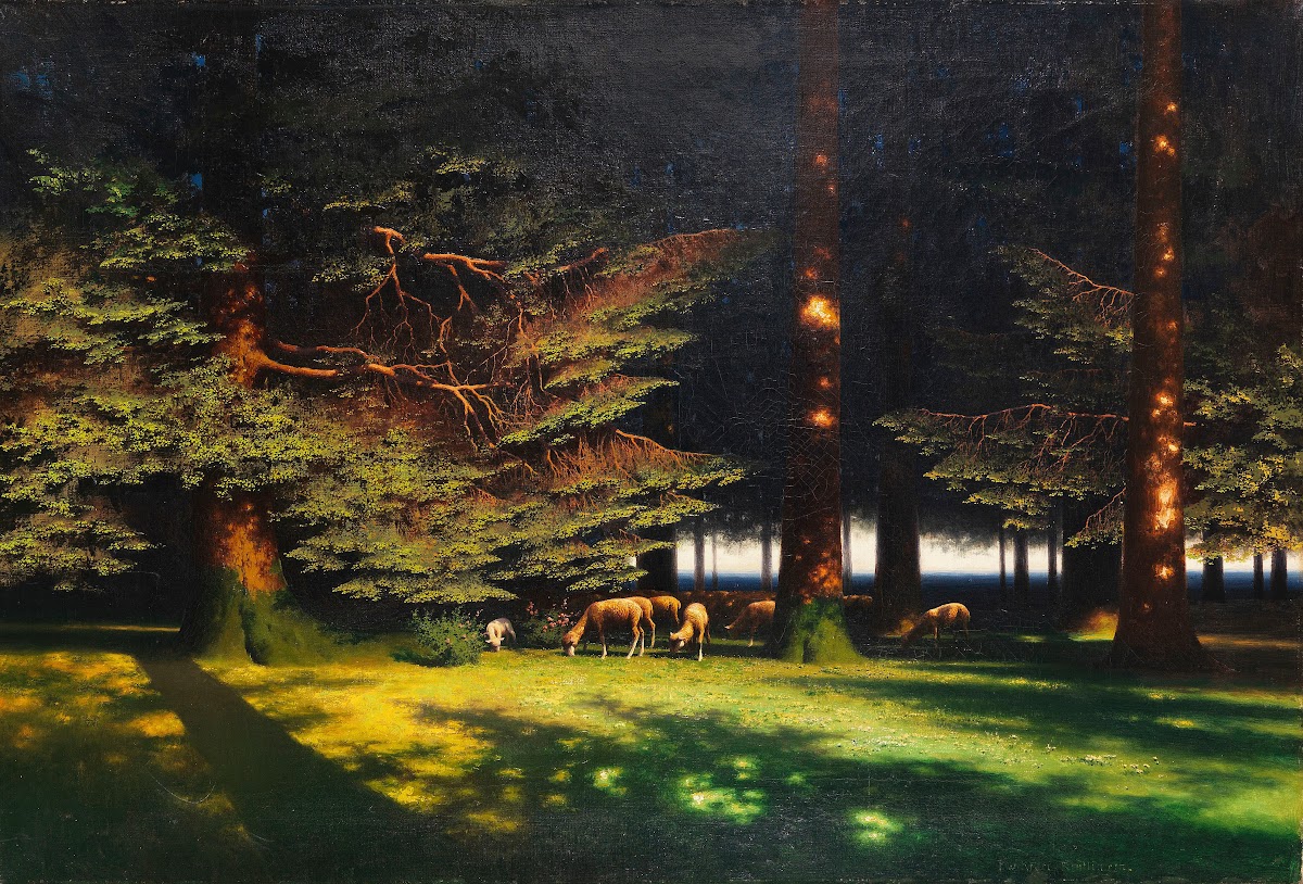 Grasende Schafe auf der Waldlichtung 1890