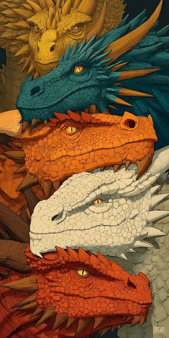 Stacked Heads of Five Vibrant Colored Dragons