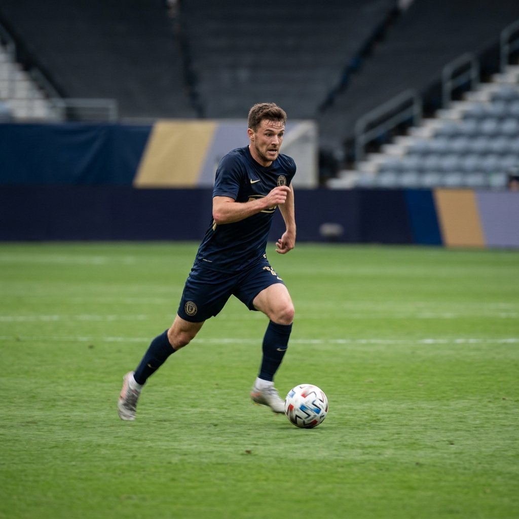 Action shot of a midfielder driving the ball through midfield mid match minimalist Funded Plays style dark background bournemouth v nottingham forest prediction