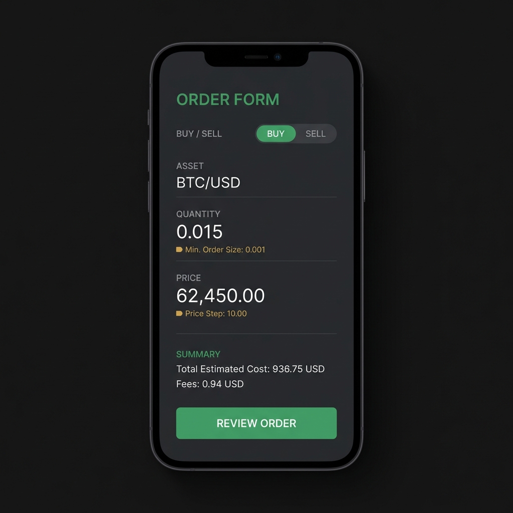 Close up mockup of a crypto trading app order form showing minimum order size and price step labels on a minimalist Finance Police style dark background