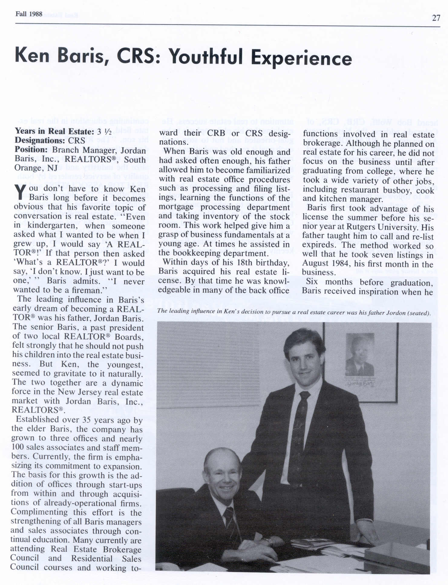 Jordan and Ken Baris featured in the press, 1988