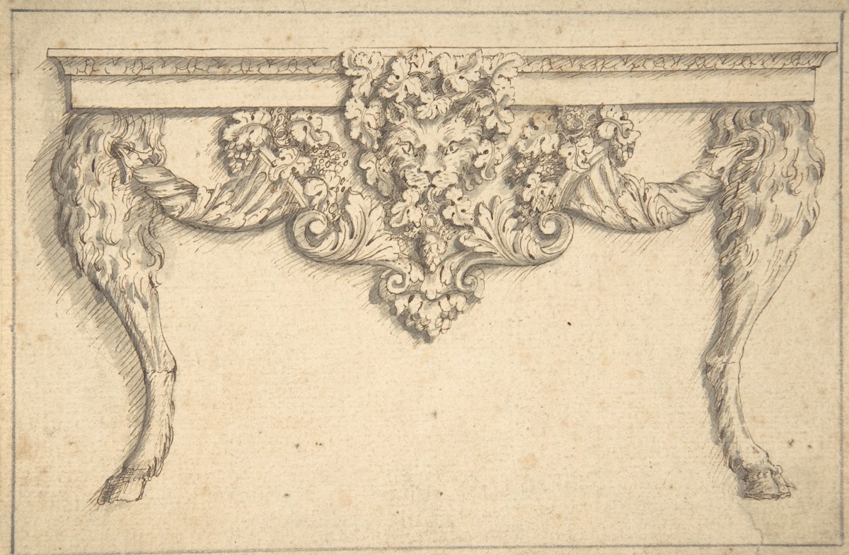 Design for a table with a cat mask and goat legs 16001640