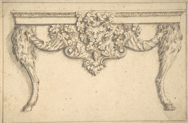 Design for a table with a cat mask and goat legs 16001640