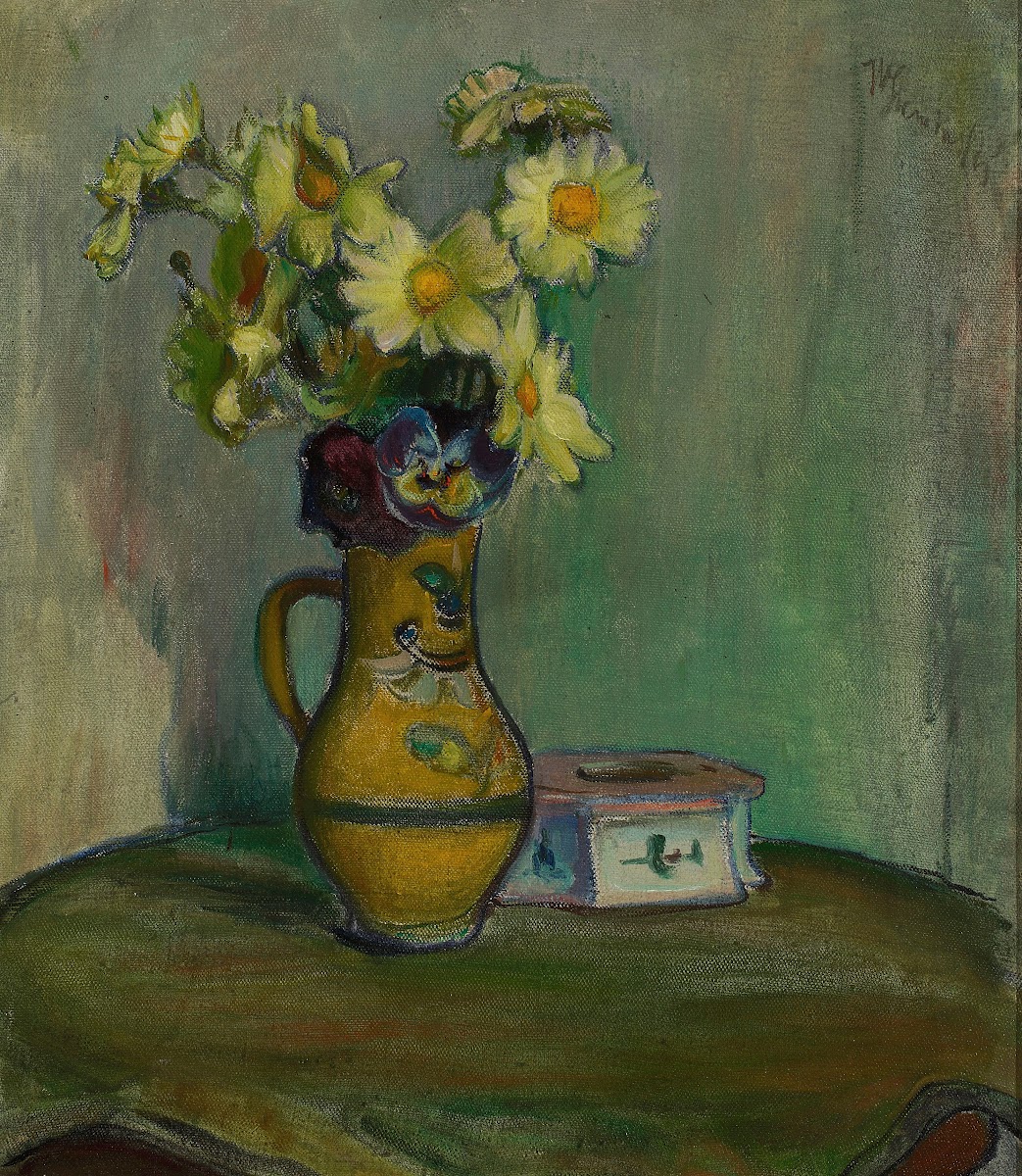 Flowers in a yellow pitcher circa 1908