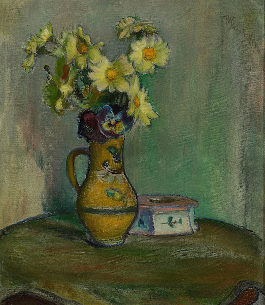 Flowers in a yellow pitcher circa 1908