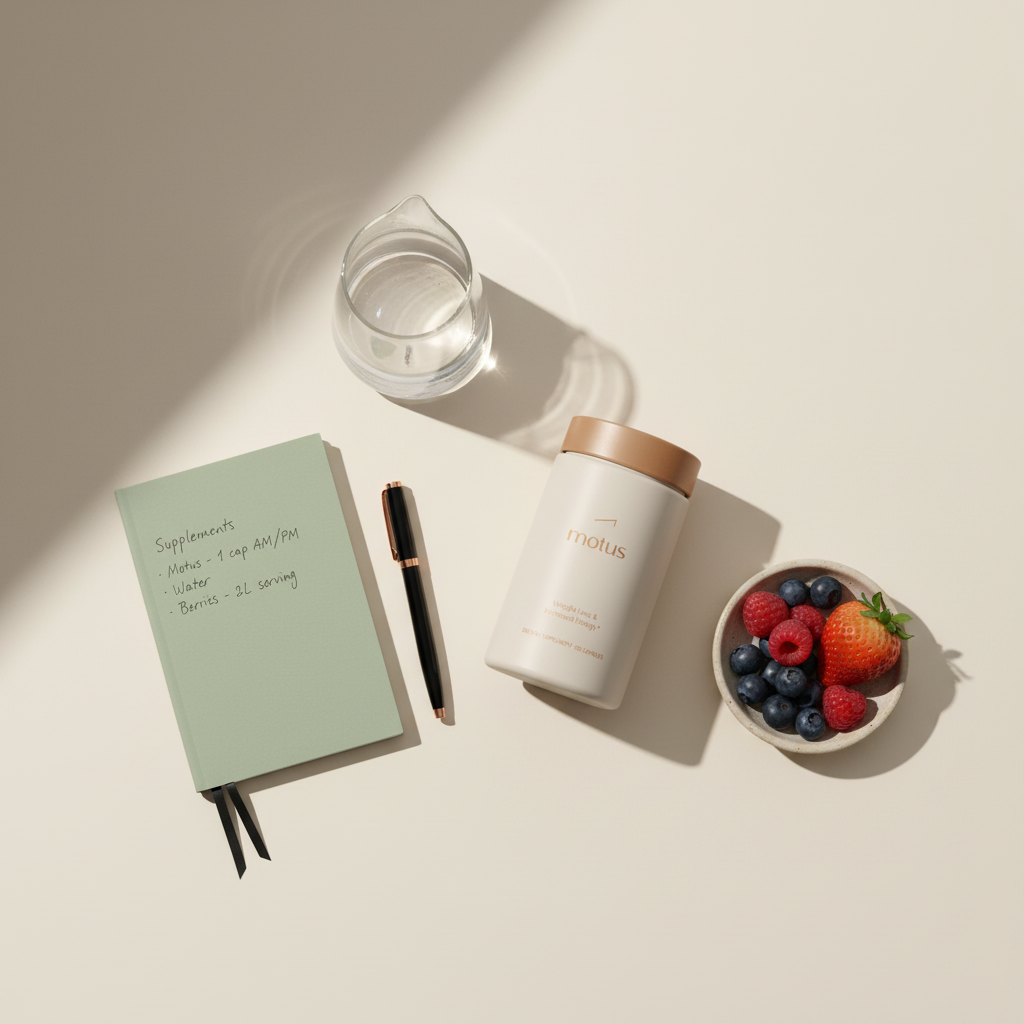 Flat-lay of Tonum supplement jar beside a notebook with a short daily supplement log, glass carafe of water and mixed berries on a #F2E5D5 background, illustrating side effects of bariatric multivitamins.