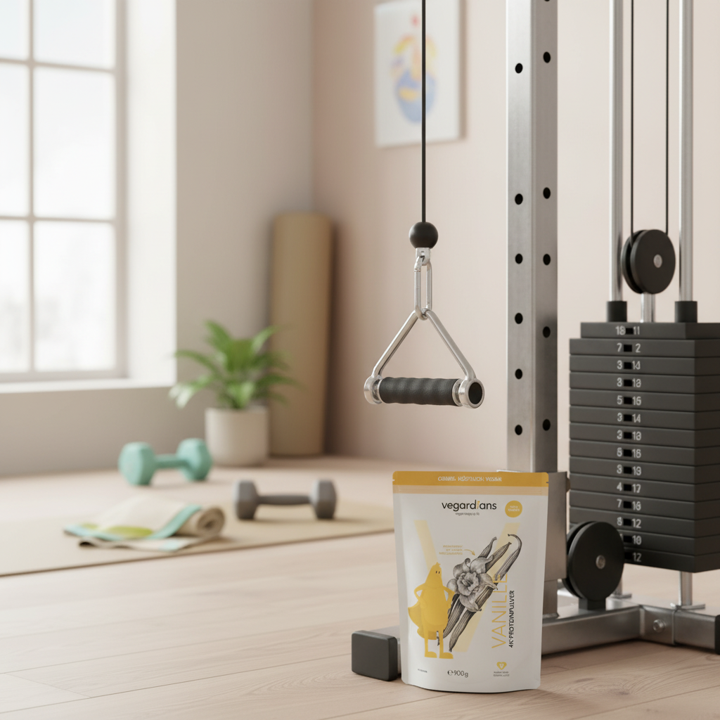 Nahaufnahme einer Kabelmaschine mit sichtbarem Griff und eingestelltem Gewicht, unscharfe Matte und ruhiger skandinavischer Trainingsbereich im Hintergrund, Bauchmuskeln Geräte