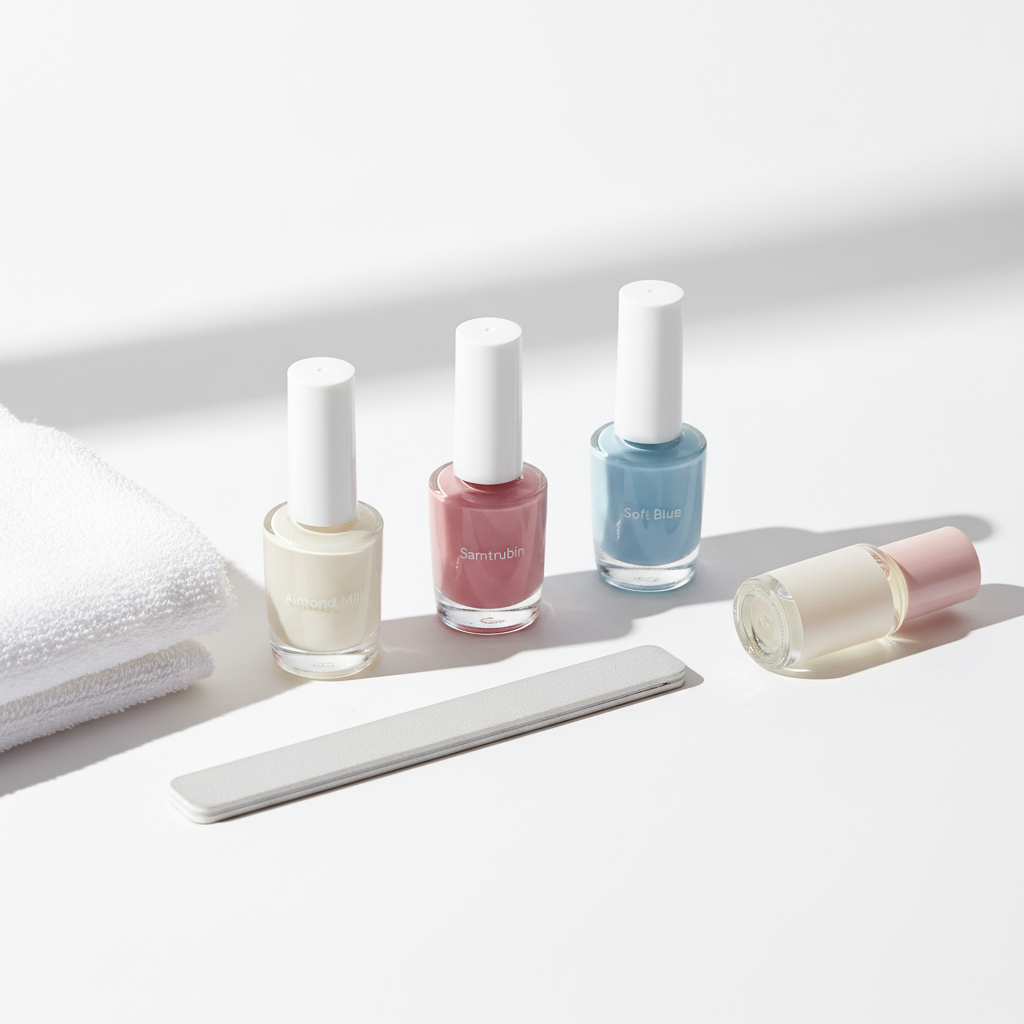 Minimalistisches Stillleben mit drei Nagellack-Fläschchen in Almond Milk, Samtrubin und Soft Blue auf mattem Weiß – Nagellack Trends 2025