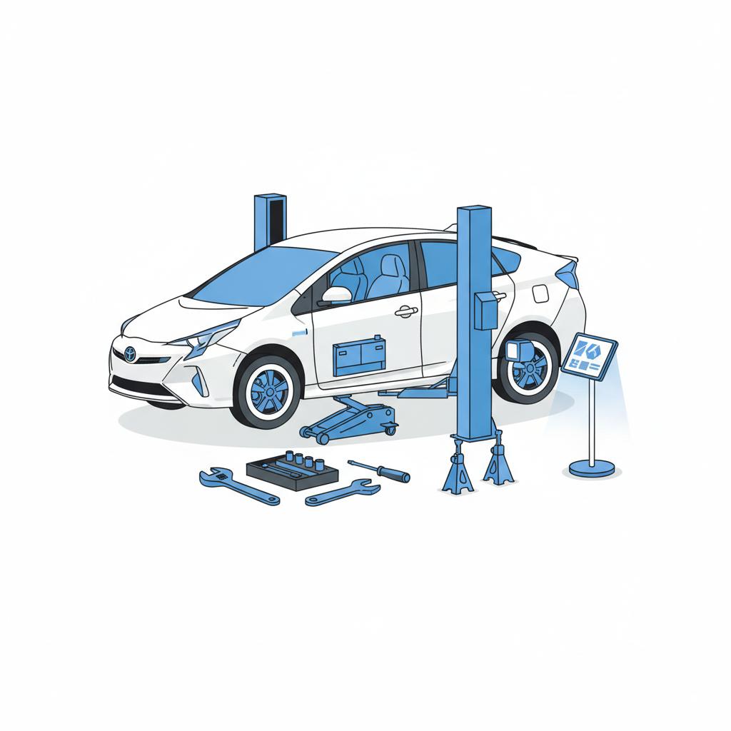 Minimalist 2D vector of a raised Toyota Prius undercarriage in a clean shop with tools diagnostic tablet jack stands and blue accents toyota prius for sale