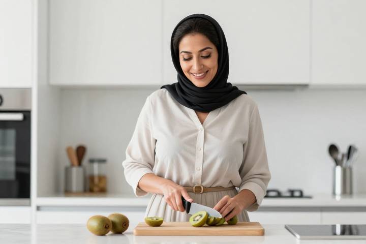 امرأة تحضر وجبة خفيفة صحية تحتوي على الكيوي الأخضر في مطبخ مشرق