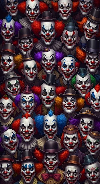 Dense, Chaotic Crowd of Smiling Evil Clowns with Hats in a Dark Setting - Free mobile Wallpaper