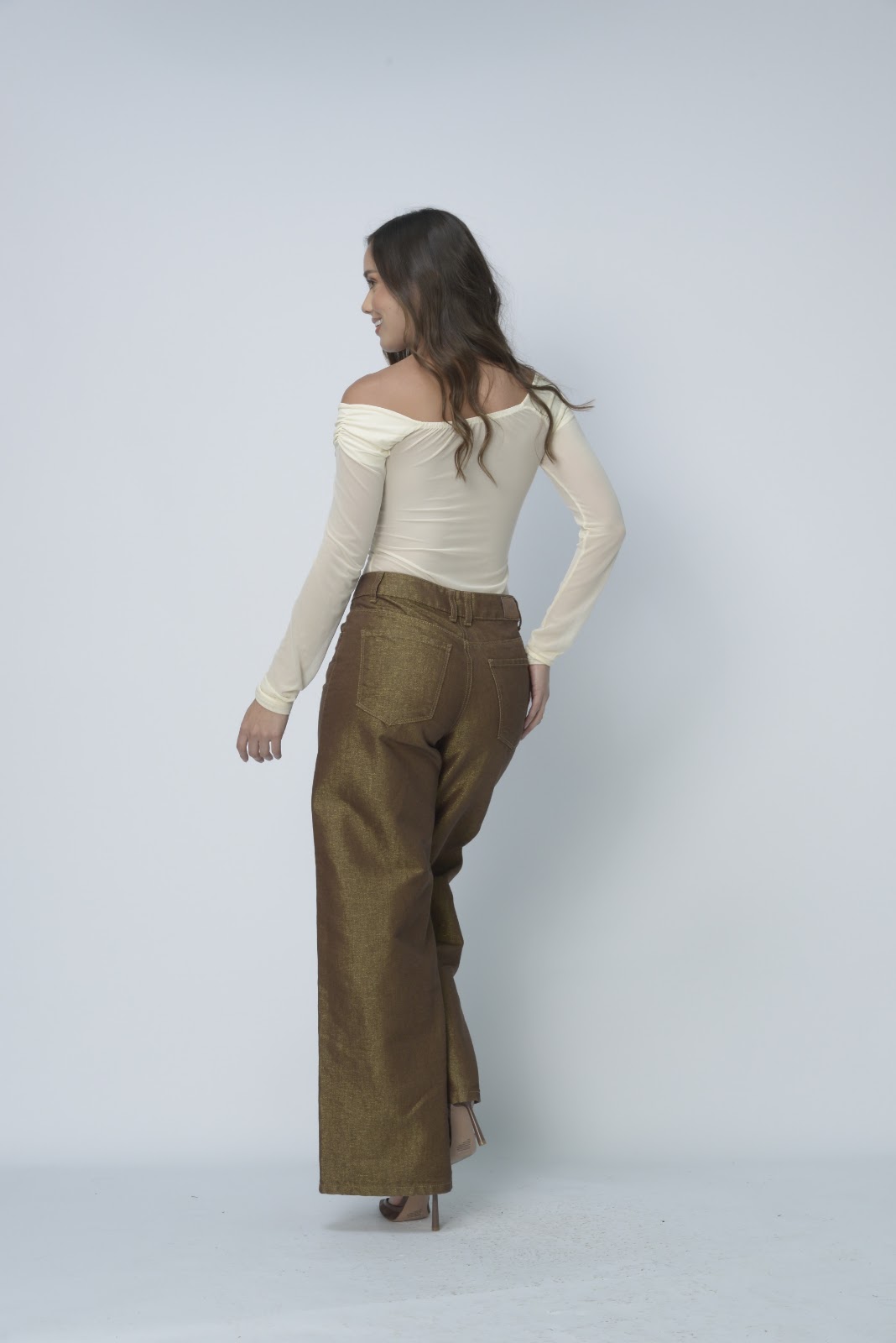 Jean dama Wide Leg tiro alto rígido tela brillante, color Café - Vista 4
