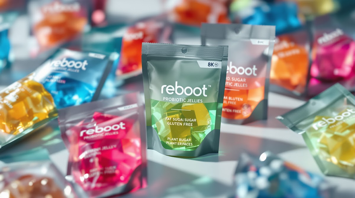 웰니스푸드  FAT, SUGAR, GLUTEN FREE 정책과 식물성 펙틴, 한 봉지당 440억 유산균을 담은 <strong>리부트 유산균 젤리</strong>가 여러 개별 소포장으로 현대식 식탁에 놓여 있고, 옆에는 리치와