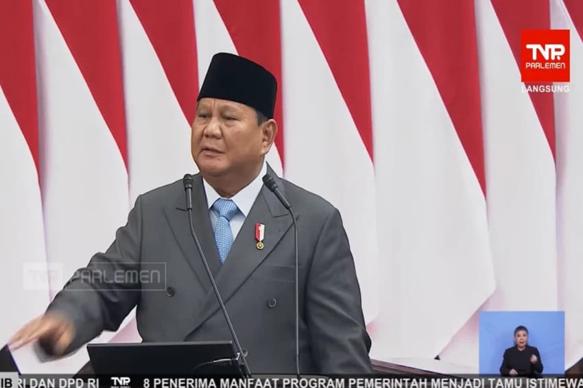Presiden Prabowo Subianto saat menyampaikan pidato kenegaraan di kompleks parlemen, Senayan, Jakarta.