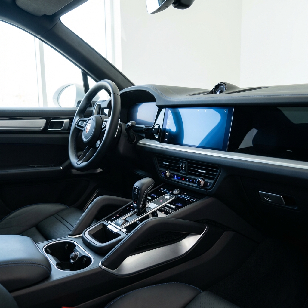 Close up of Porsche Cayenne dashboard and center console in natural light showing trim and optional features for porsche cayenne price
